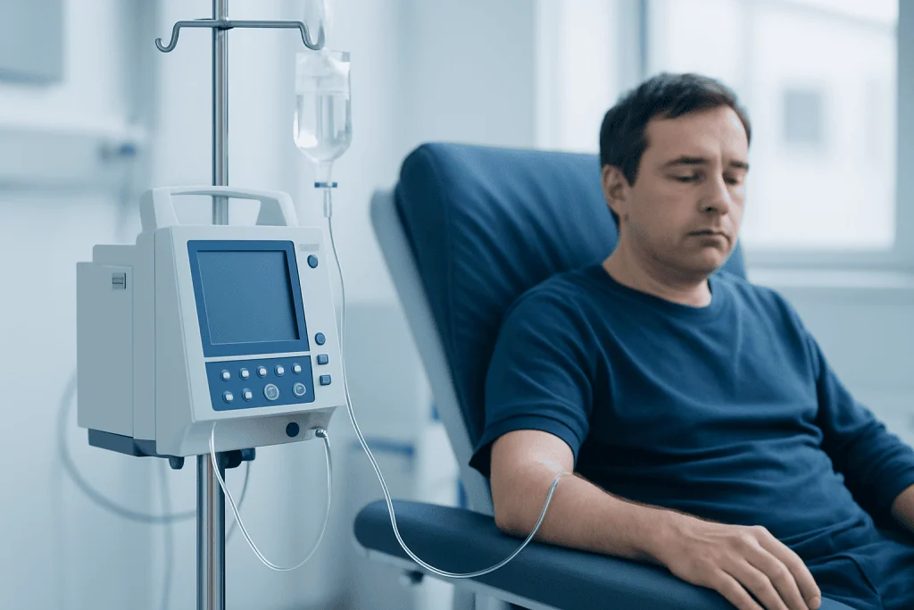 Patient receiving IV treatment in a hospital setting.