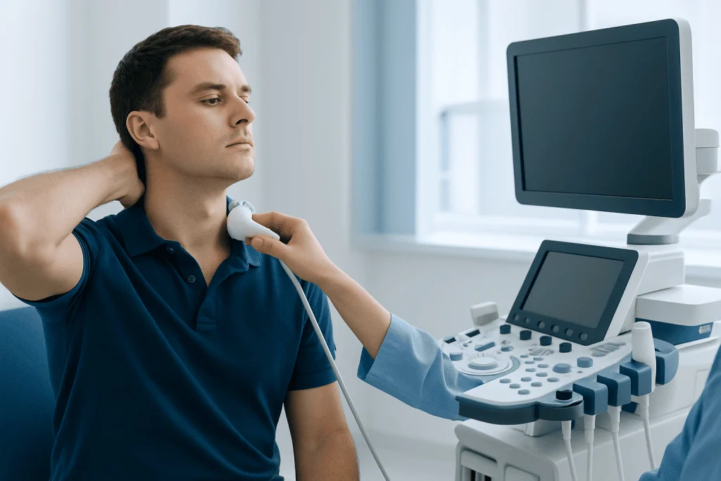Doctor performing neck ultrasound examination on a patient in a clinical setting.