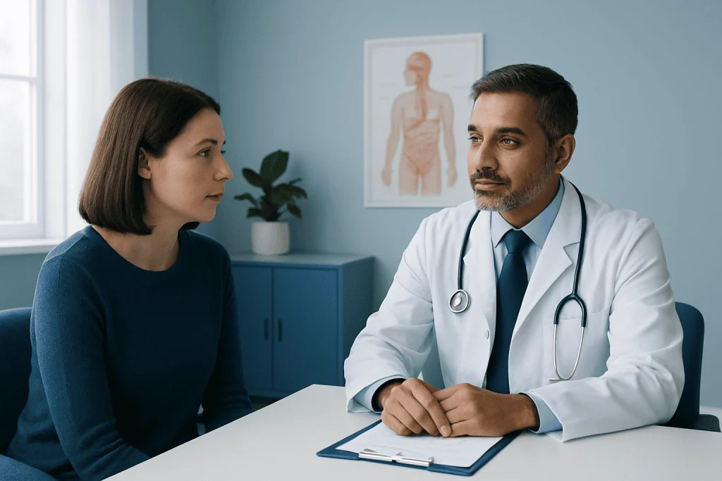 Doctor consulting with a female patient in a medical office.