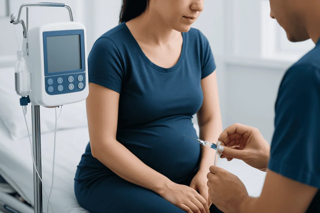Pregnant woman receiving epidural anesthesia in hospital setting.