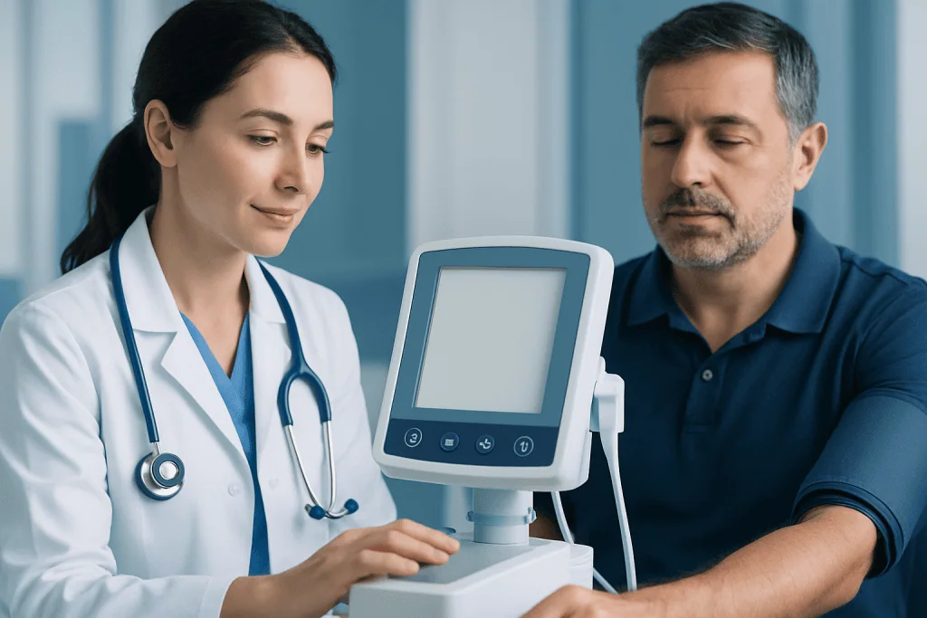 Doctor and patient monitoring blood pressure with medical device.