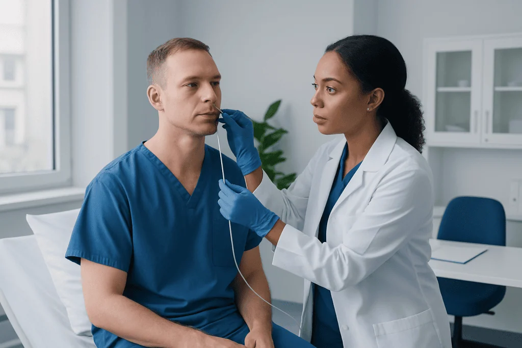 Healthcare professional prepares to insert a nasogastric tube into patient.