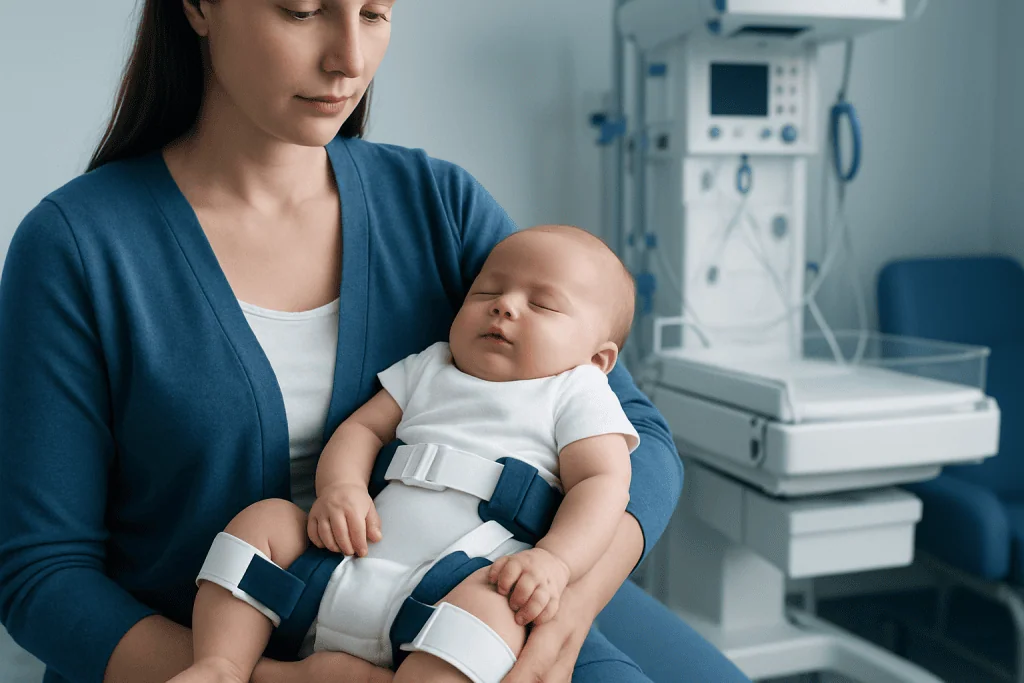 Newborn baby in a hip brace held by a woman in a hospital setting.
