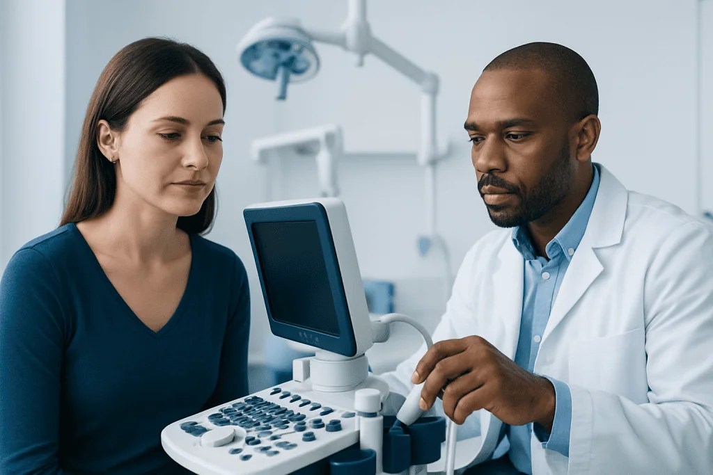 Doctor performing an ultrasound examination on a patient in a medical clinic.