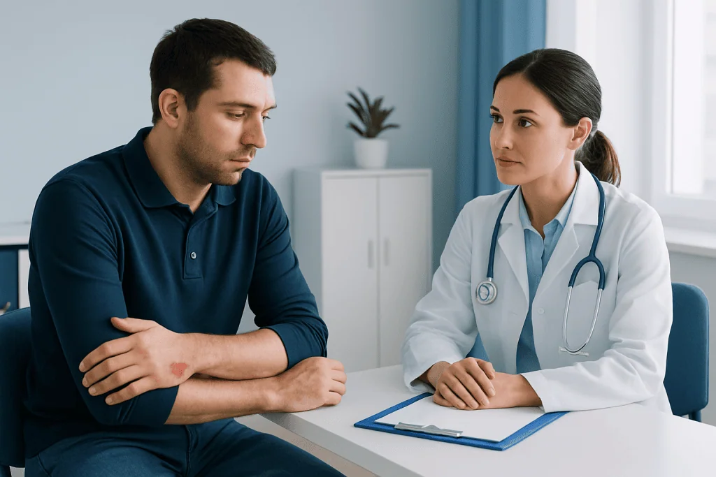Doctor examines man's arm with a bite wound in a clinical setting.