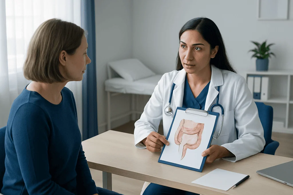 Doctor explaining colon anatomy to patient during consultation at Acibadem Hospital.