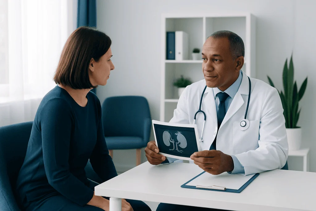 Doctor explaining kidney scan results to a patient in a medical office.