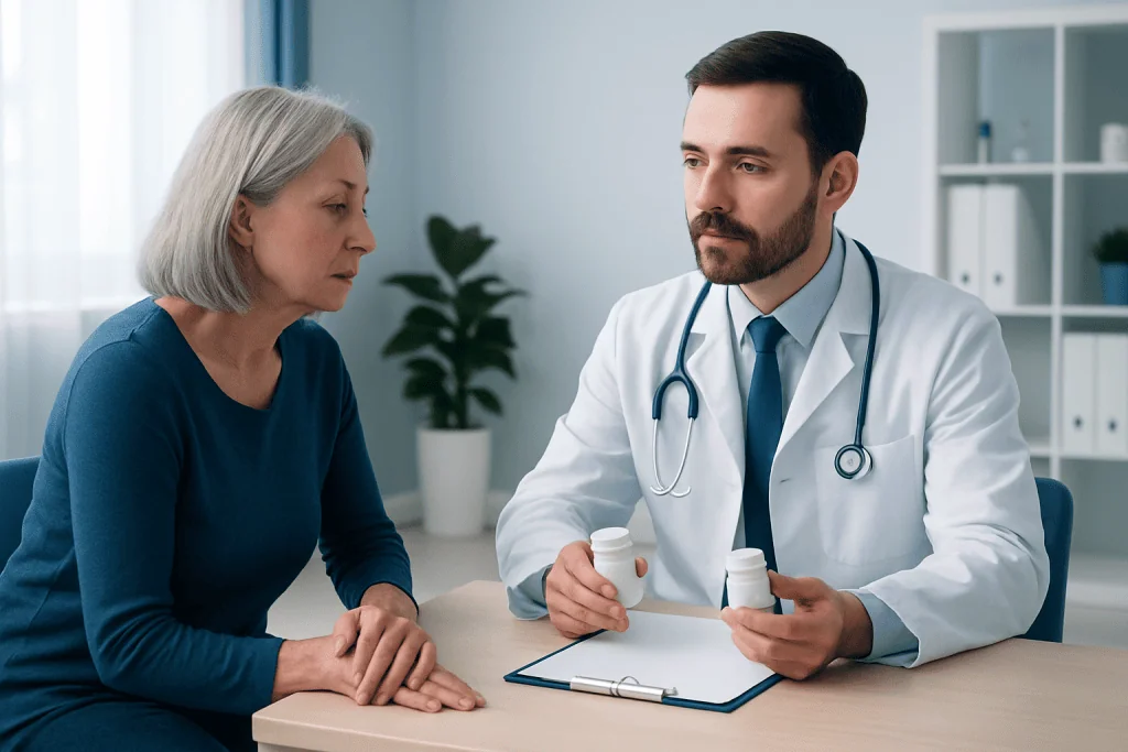 Doctor explaining medication to an elderly woman in a clinic setting.