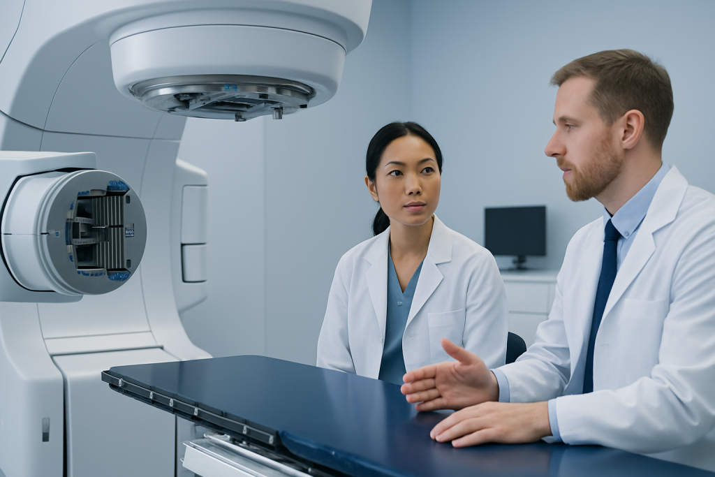 Medical professionals discussing radiation therapy in a hospital setting.