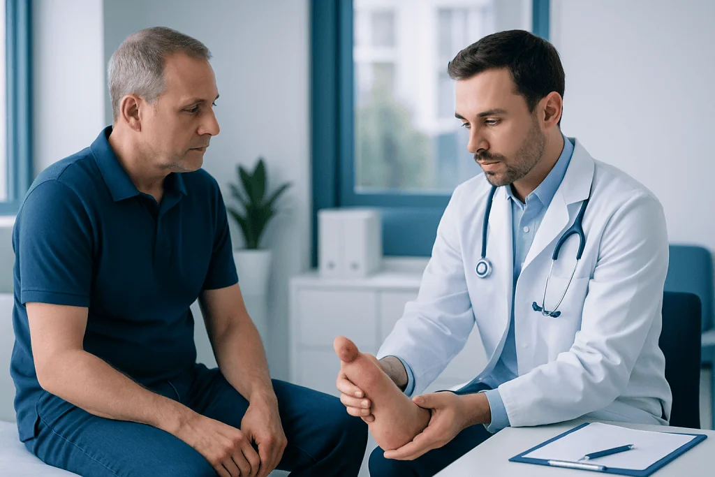 Doctor examining patient's wrist in a consultation room at Acibadem Hospitals.