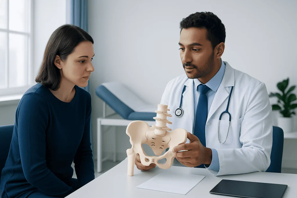 Doctor explaining sacroiliac joint fusion to patient with model pelvis.