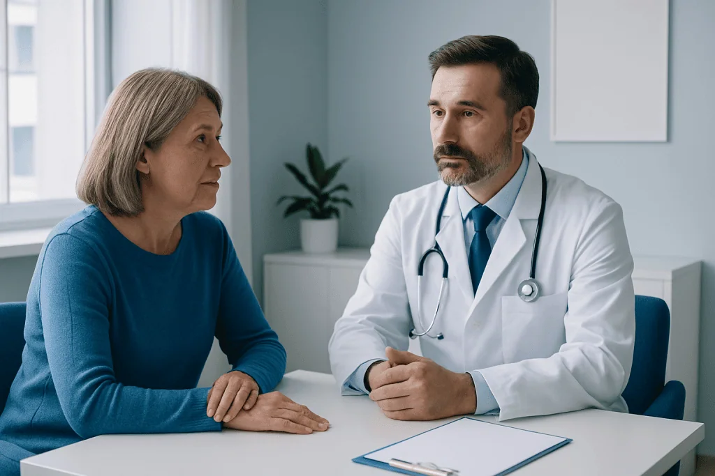 Doctor consulting with an elderly female patient in a medical office.