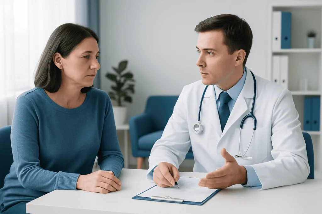 Doctor consulting with a female patient in a modern medical office.