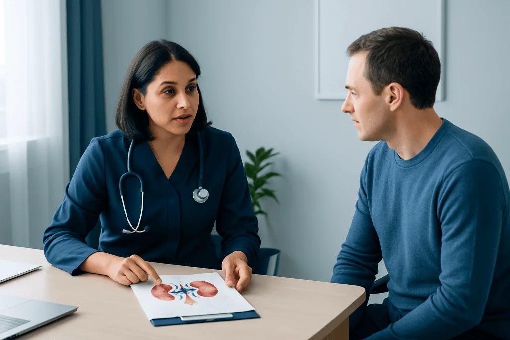 Doctor explaining lithotripsy to patient in consultation room.