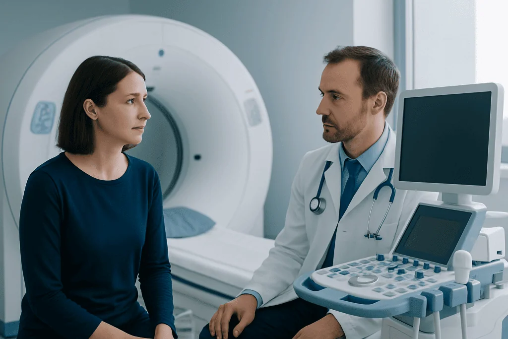 Doctor consulting a patient in a medical examination room with MRI machine.