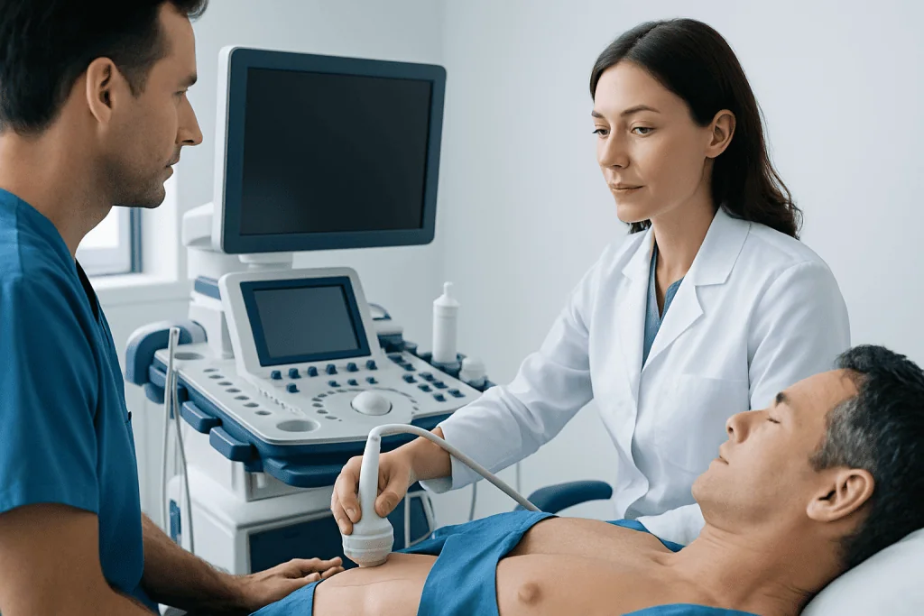 Doctor performing an ultrasound on a patient in a hospital room.