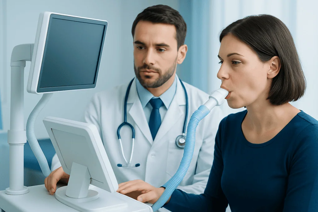 Doctor performing spirometry test on a patient in a medical clinic.
