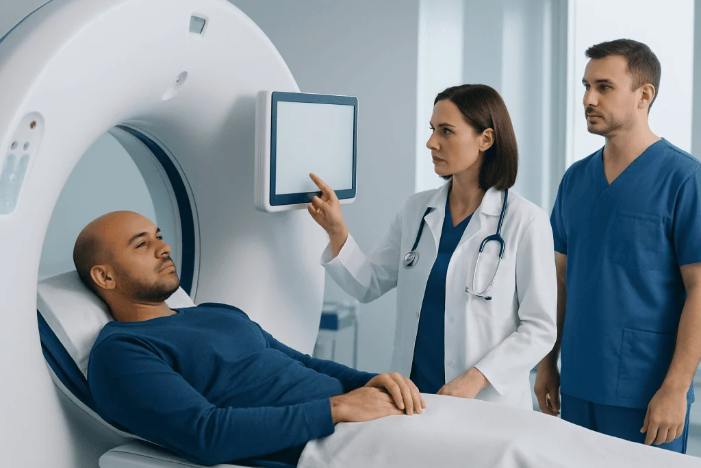 Medical professionals preparing a patient for a scan at Acibadem Hospital.