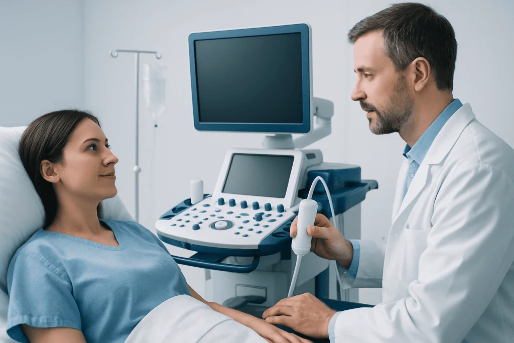 Doctor performing an ultrasound examination on a patient in a hospital room.
