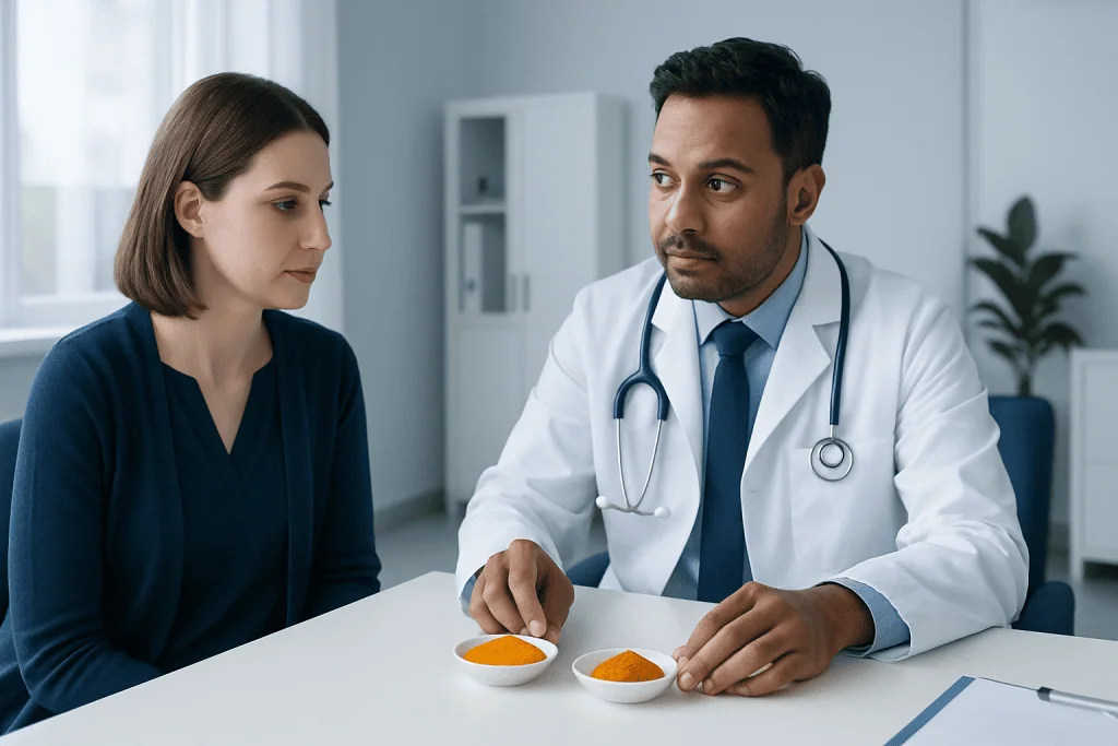 Doctor explaining turmeric and curcumin differences to patient in clinic.