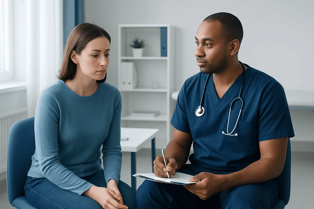 Doctor consulting with a young woman in a medical office setting.