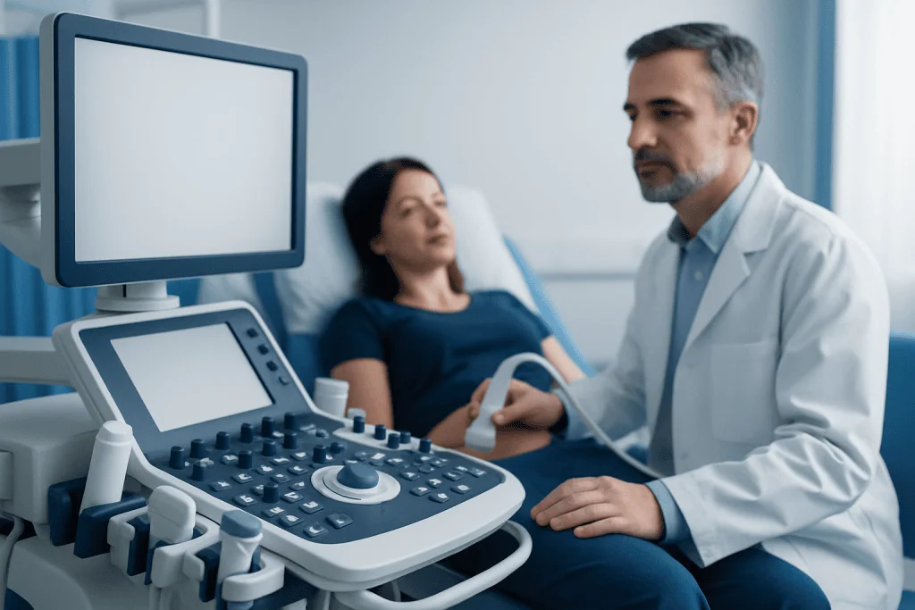 Doctor performing an ultrasound exam on a patient in a hospital room.