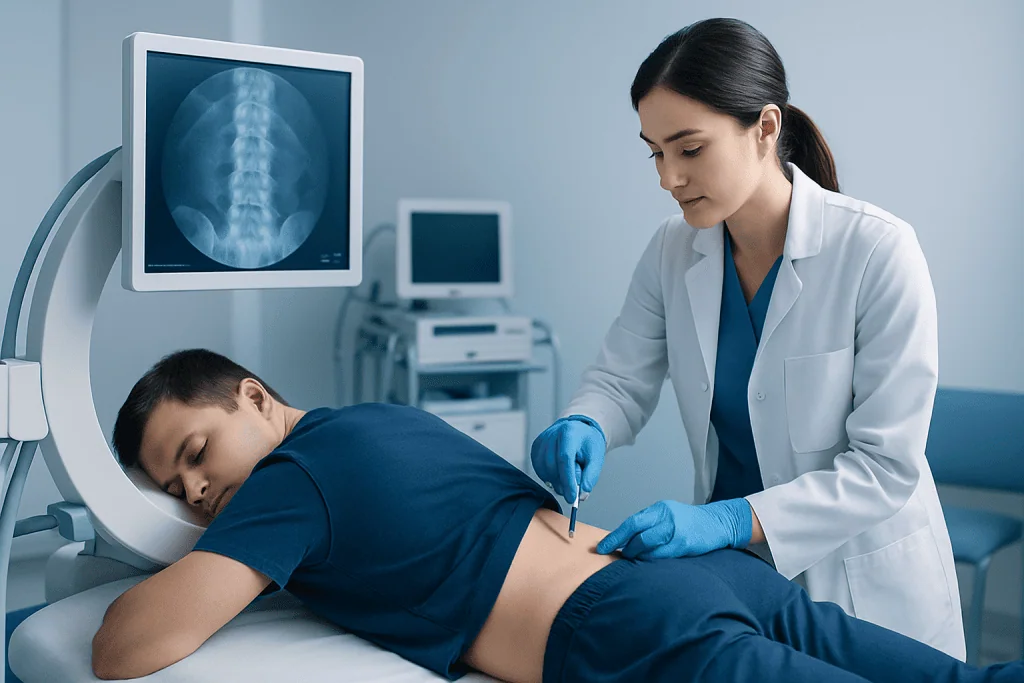 Doctor administering back injection to patient in a medical clinic.