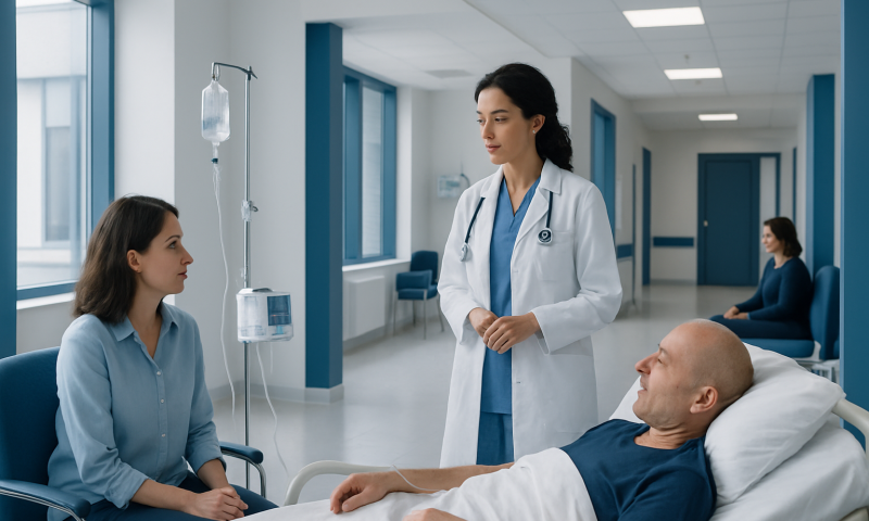 Doctor consulting patient in hospital room with IV drip and visitor.