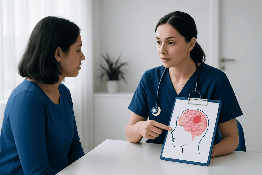 Doctor explaining brain abscess to patient with diagram of brain on clipboard.