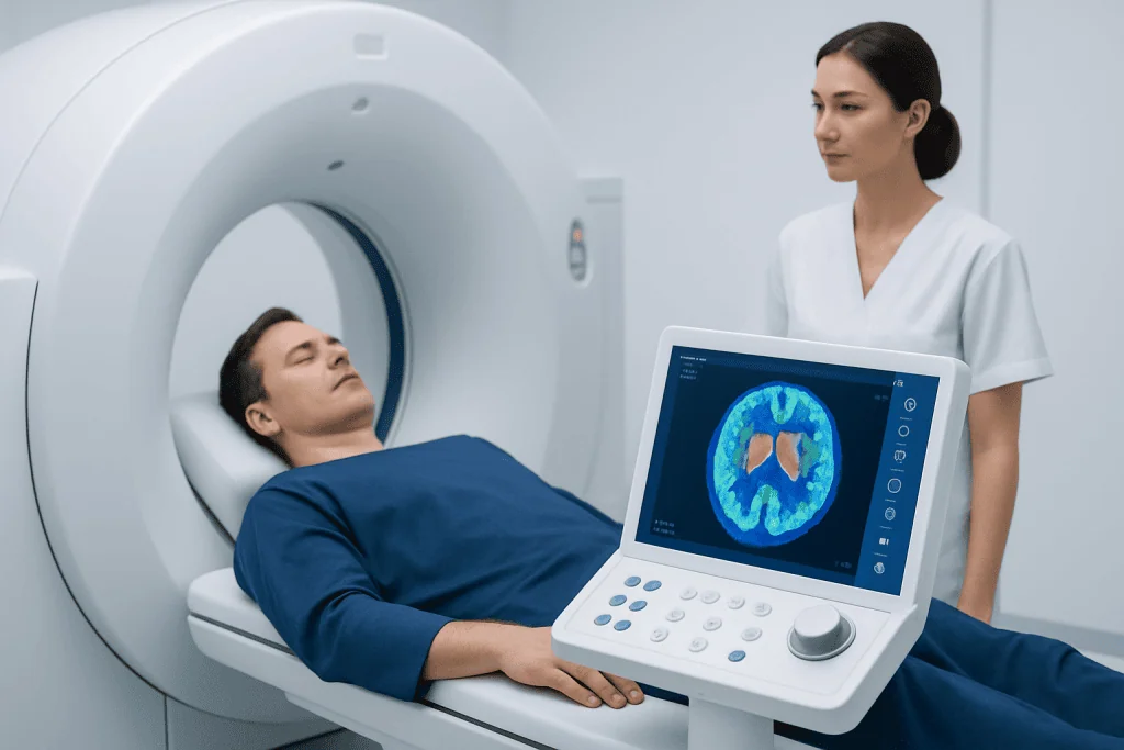 Patient undergoing a PET scan with a medical professional monitoring.
