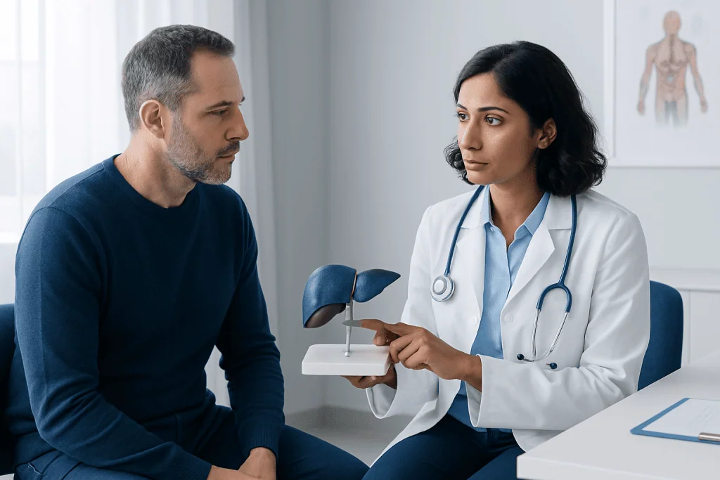 Doctor explaining liver transplant process to patient in clinic.
