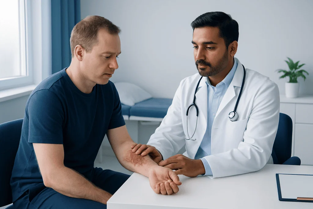 Doctor examines patient's arm with burn injury in clinic setting.