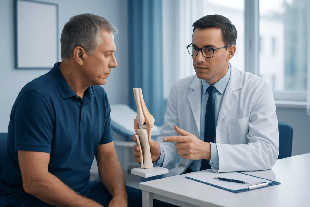 Orthopedic doctor explaining knee joint to patient in clinic.