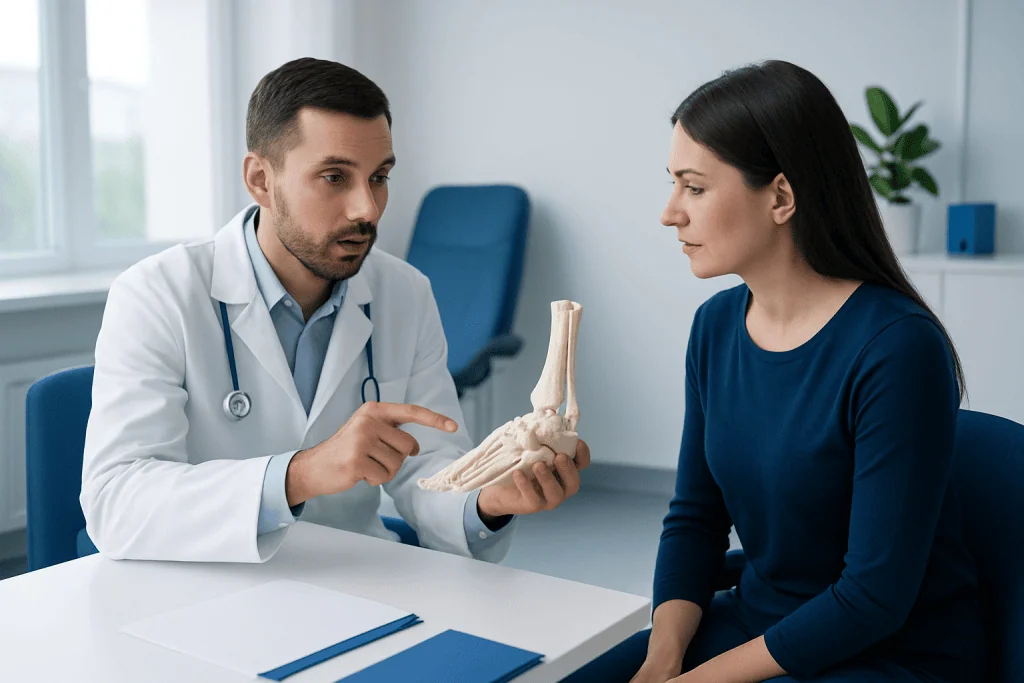 Doctor explaining foot anatomy to patient during consultation at Acibadem Hospital.