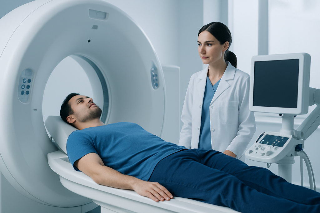 Patient undergoing MRI scan at Acibadem Hospital for advanced medical imaging.