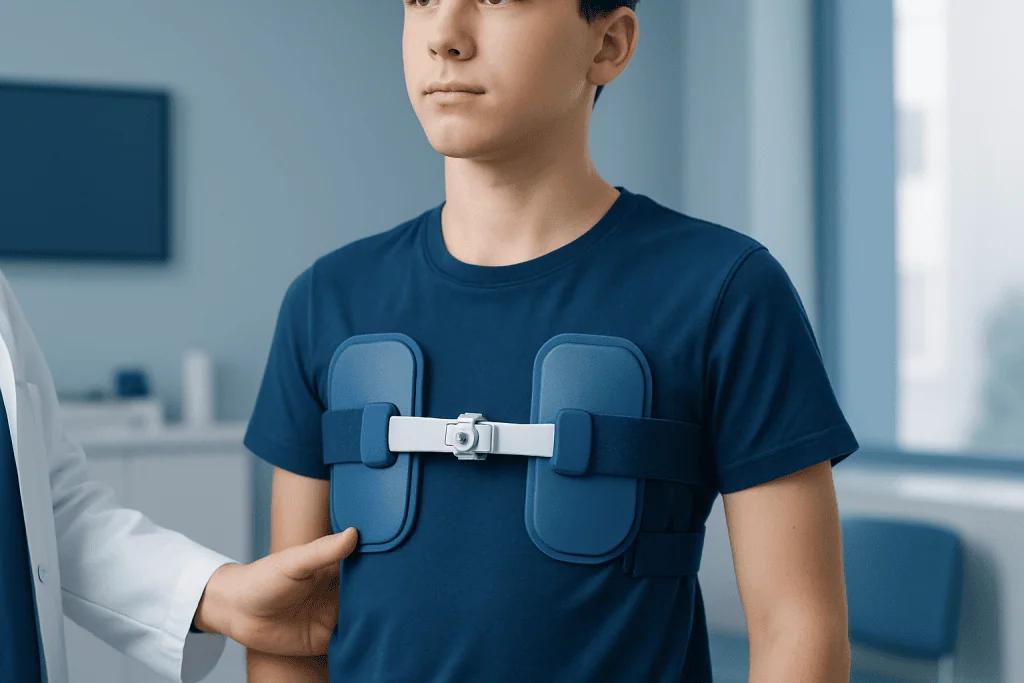 Young boy wearing a pigeon chest brace for pectus excavatum treatment.