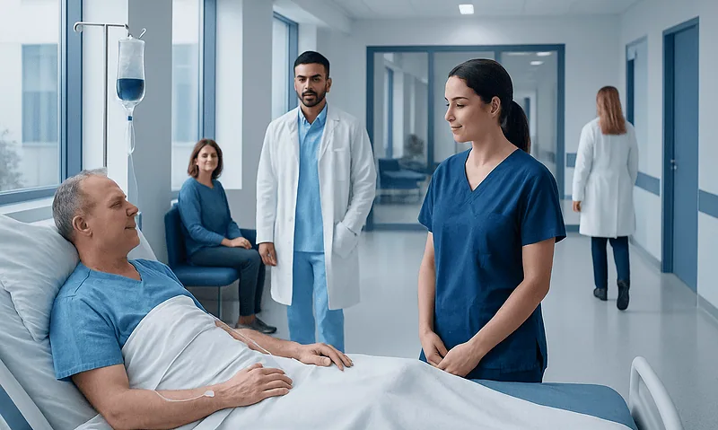 Medical team consulting with patient in hospital room.