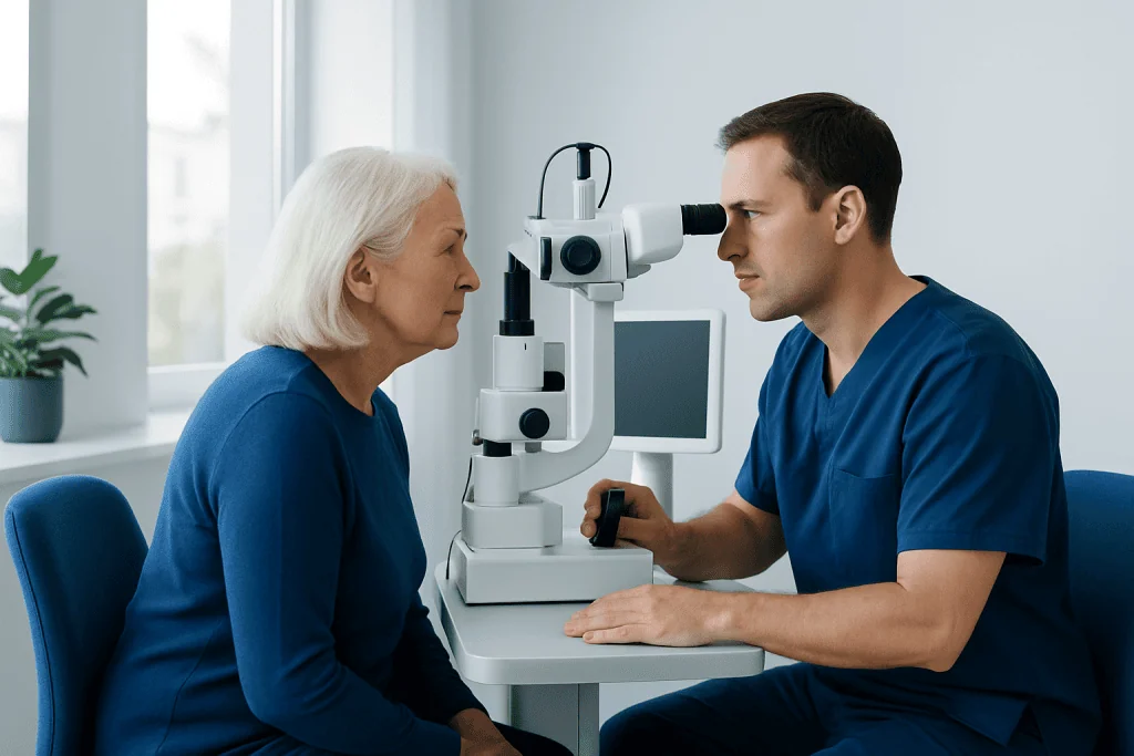 Ophthalmologist examining elderly woman's eye with slit lamp microscope.