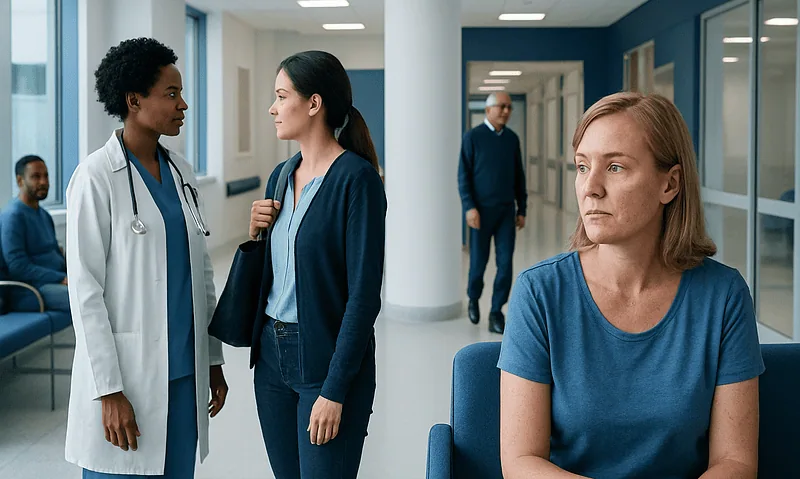 Doctor consulting with patient in hospital corridor.