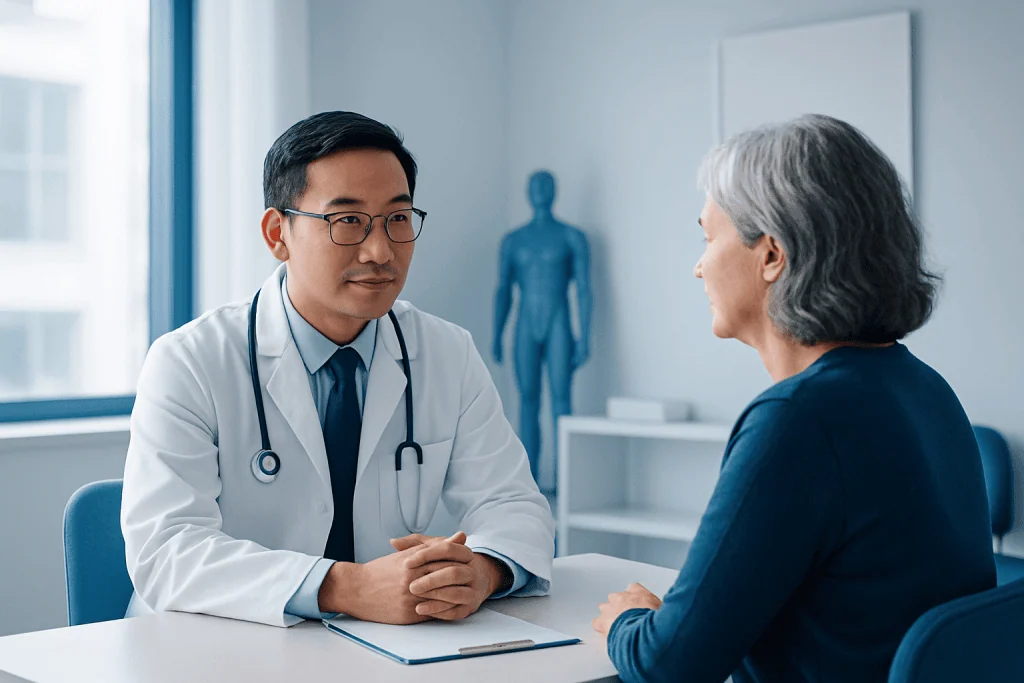 Doctor consulting with a patient in a modern medical office setting.