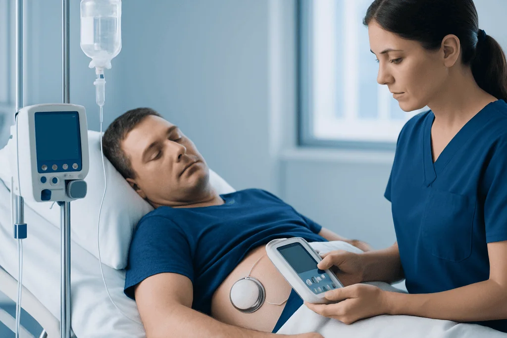 Patient with Baclofen pump in hospital bed receiving medical care.
