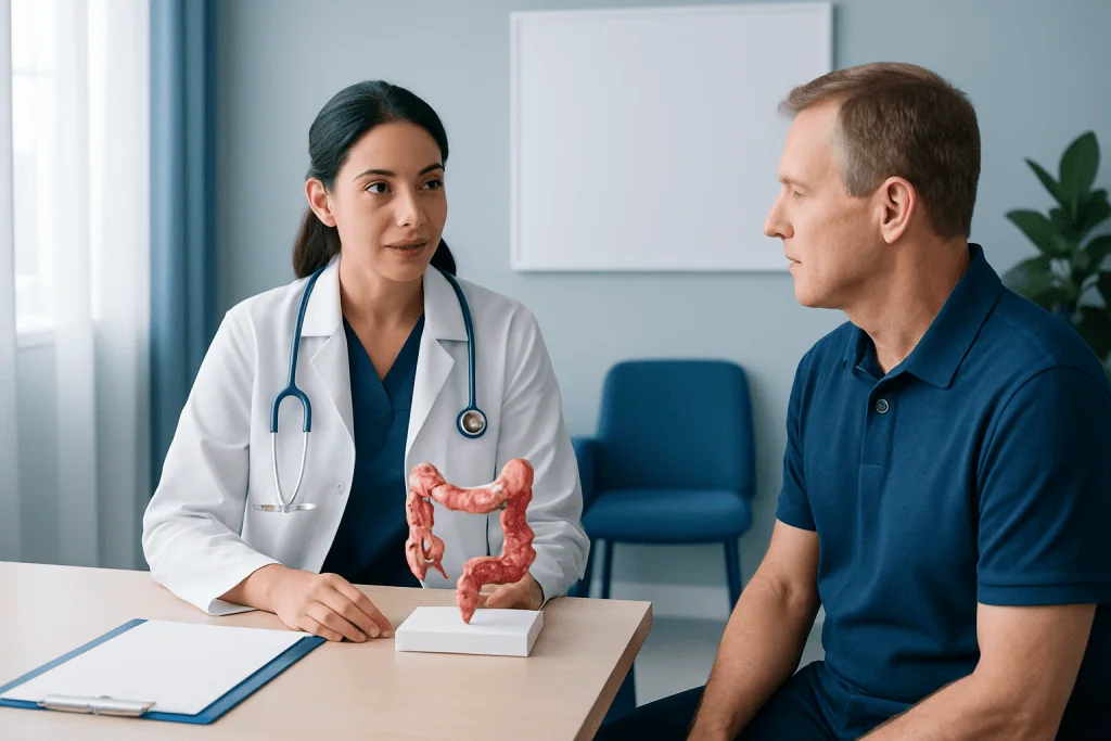 Doctor explaining bowel transplant process to patient with model of intestines.