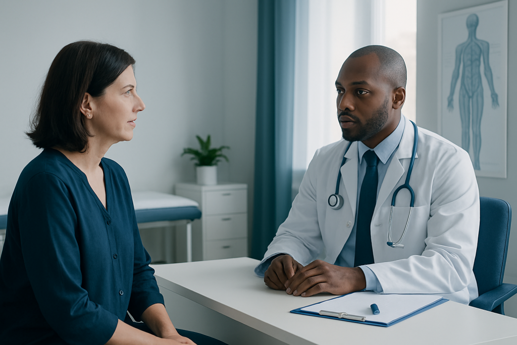 Doctor consulting with a female patient in a medical office setting.