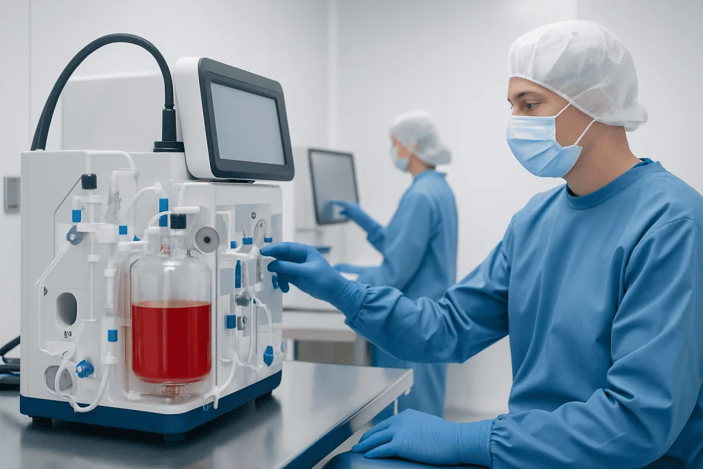 Scientists working in a cell therapy GMP manufacturing lab with advanced equipment.