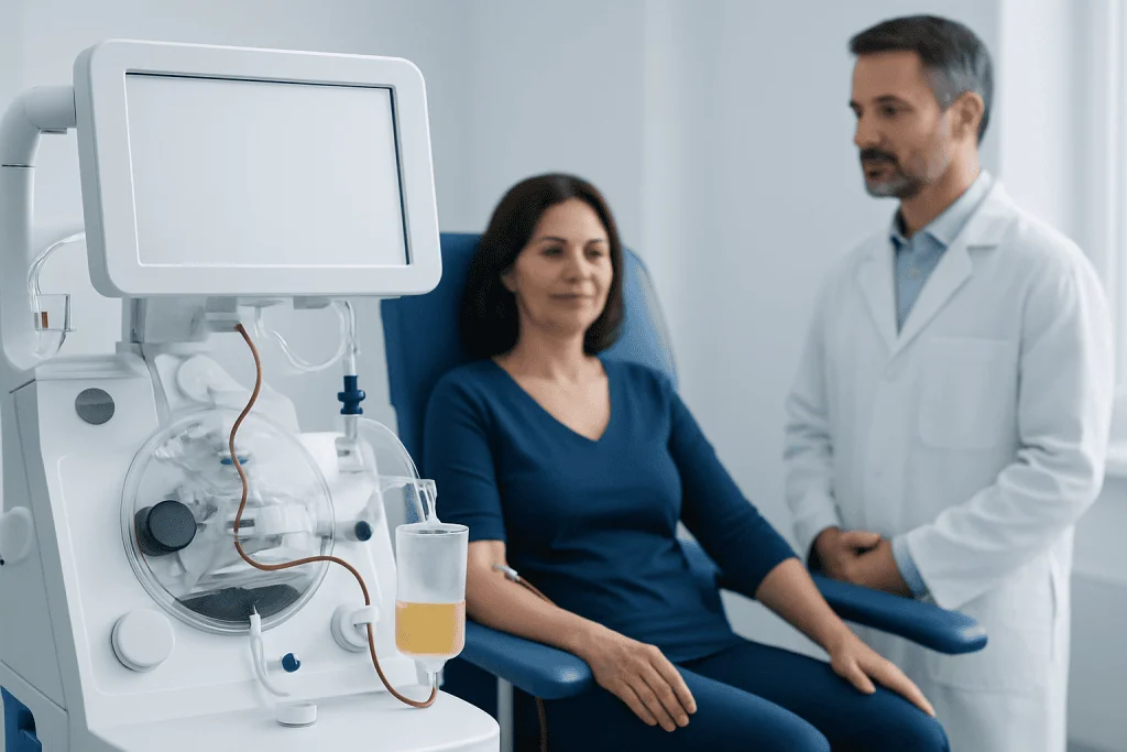 Patient undergoing cell therapy treatment in a medical facility.