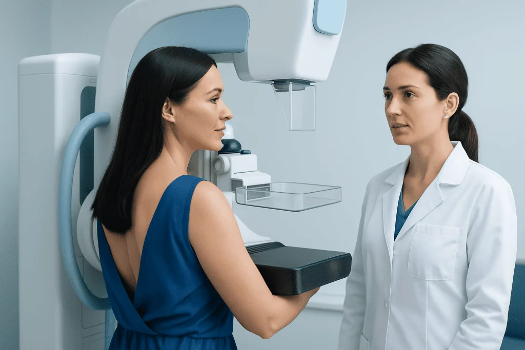 Patient undergoing mammogram at Acibadem Hospital for breast cancer screening.