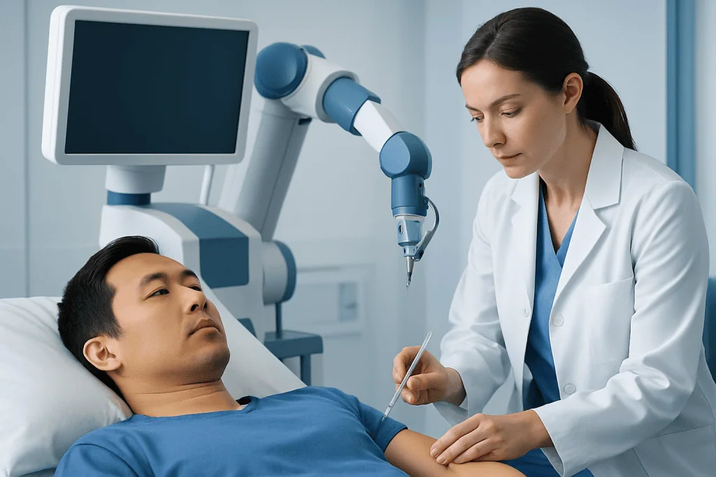 Doctor performing a CRISPR injection on a patient in a medical facility.