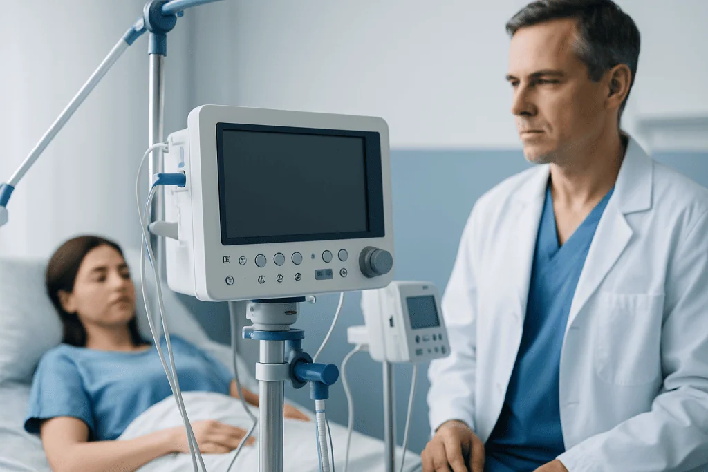 Doctor monitoring patient during medical treatment in hospital.