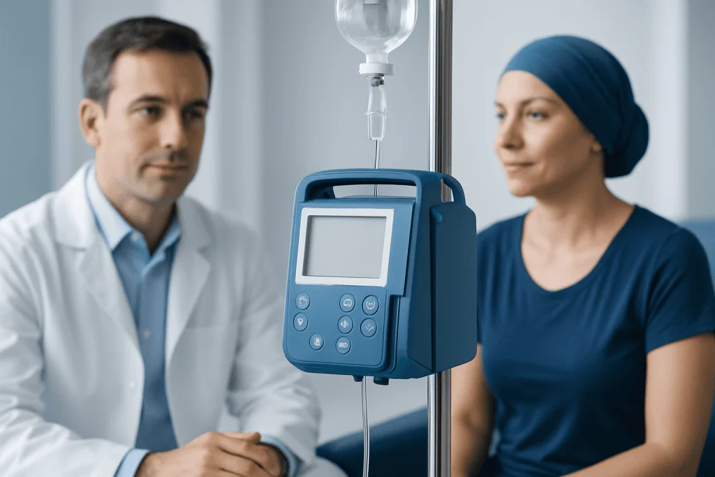Medical professional and patient with IV therapy in hospital setting.