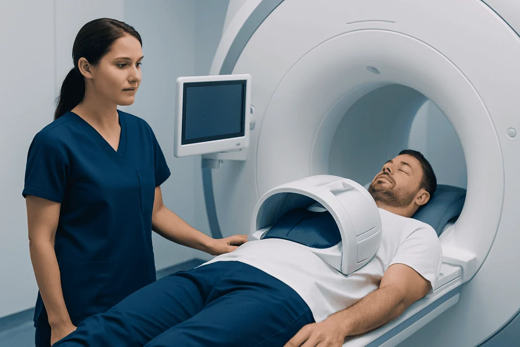 Patient undergoing MRI scan in a hospital setting with medical staff present.